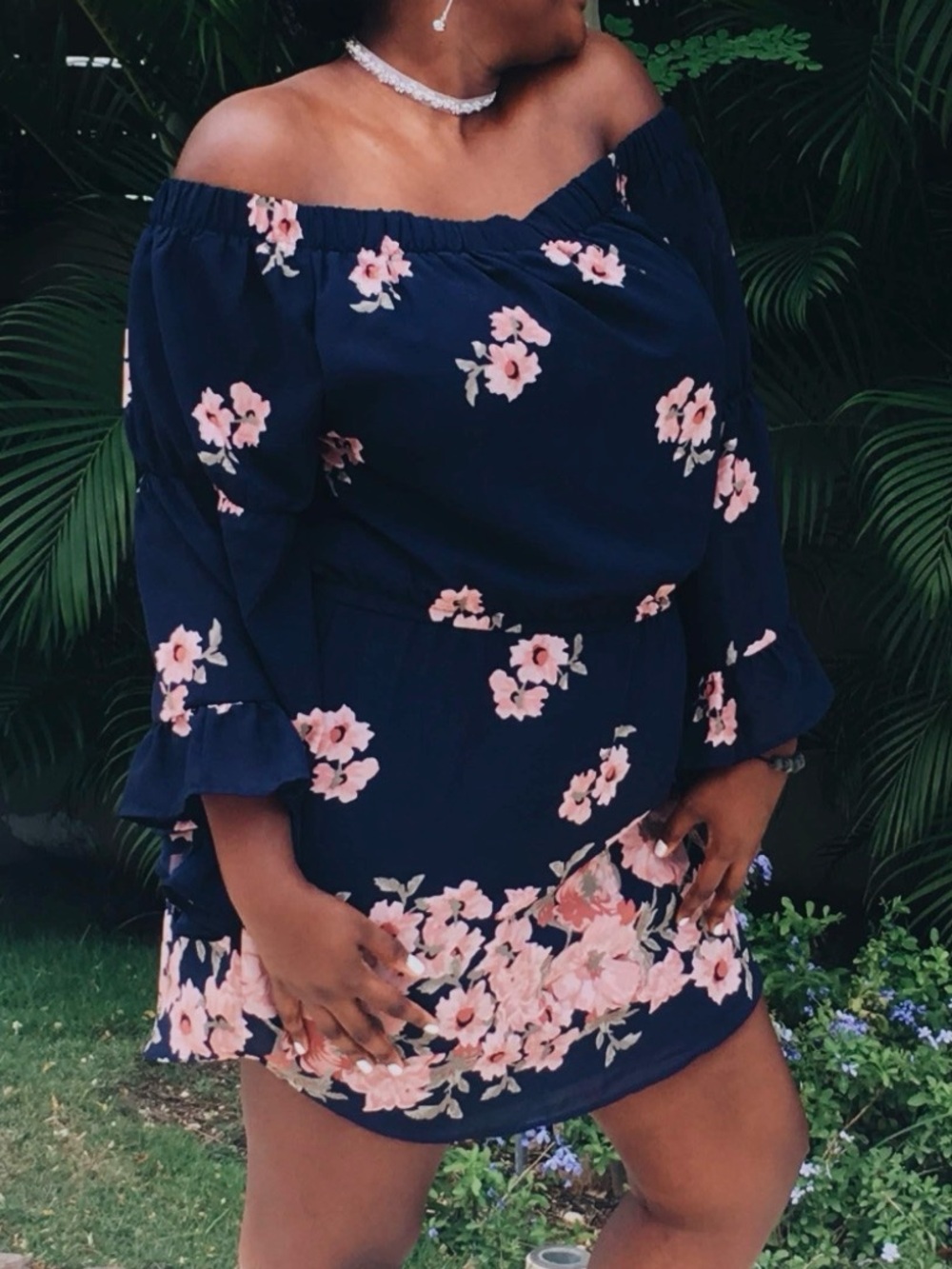 Blush Navy Floral Off-Shoulder Dress